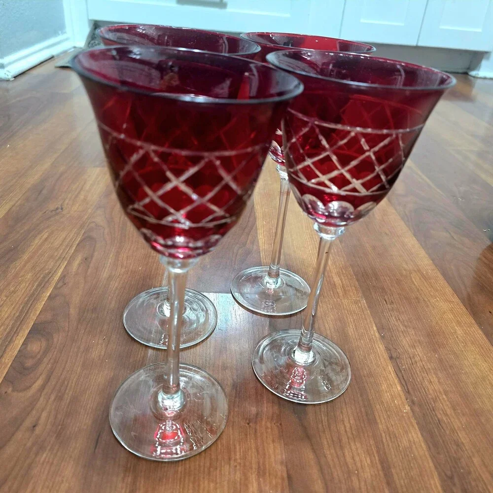 Vintage Ruby Cranberry Red Cut Glass Wine Goblets Set of 4 Clear Long Stem